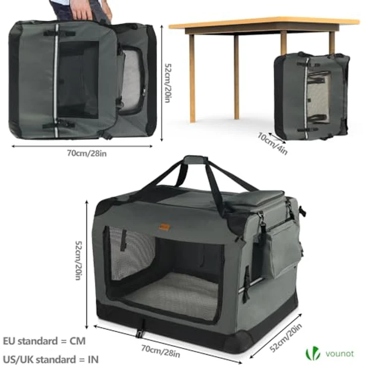 VOUNOT Faltbare Hundebox, Transportbox für Katzen und Hunde, Atmungsaktive Hundetasche aus Oxford-Gewebe, Metallrahmen, 70x52x52cm, Grau – Bild 4