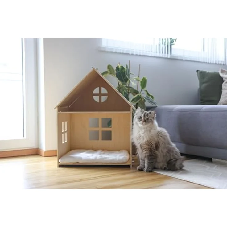 Kerbl Pet Indoor Katzenhaus Yvi, zweistöckige Katzenhütte aus Sperrholz, weiß mit herausnehmbarem Liegekissen, 53x38x67,5cm – Bild 2