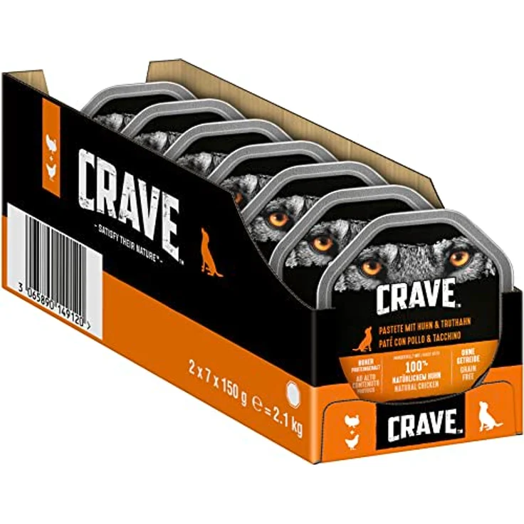 CRAVE Adult Hundenassfutter Pastete mit Huhn & Truthahn, 14 Schalen, 7x150g (2er Pack), hochproeinsreich, ohne Getreide, für sensible Verdauung