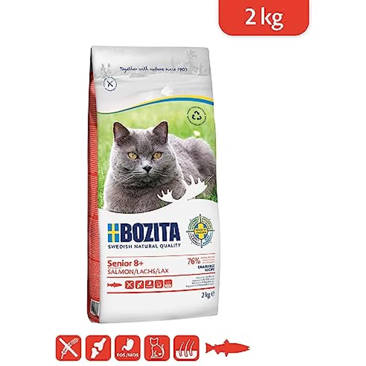 Bozita Grain Free Katzentrockenfutter mit Lachs 2kg – getreidefreies Futter für sensible Senior-Katzen ab 8 Jahren – 33 % Protein, 12 % Fett, ohne Zucker & Gentechnik – aus Schweden – Bild 3