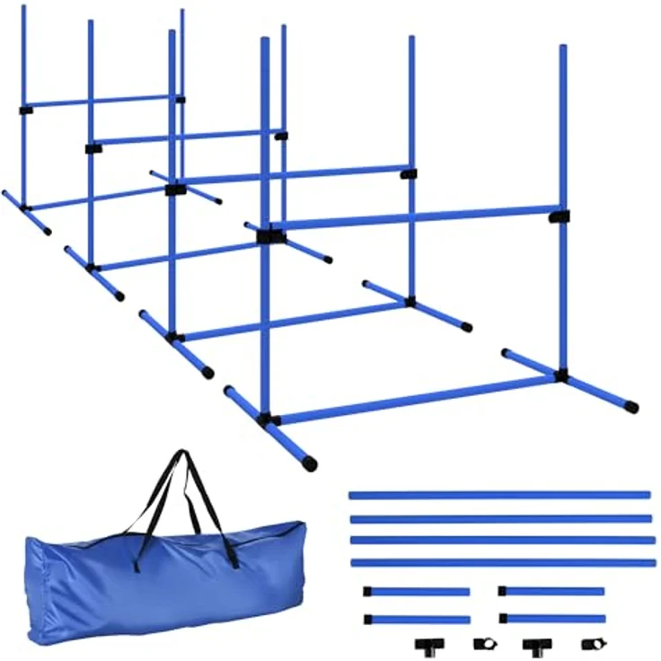 PawHut Agility Hürdenset, Slalom Stangen Hunde Training Set mit 4 Hürden, Kunststoff, Blau, 95x65x95cm, höhenverstellbar, inkl. Tragetasche – Bild 1