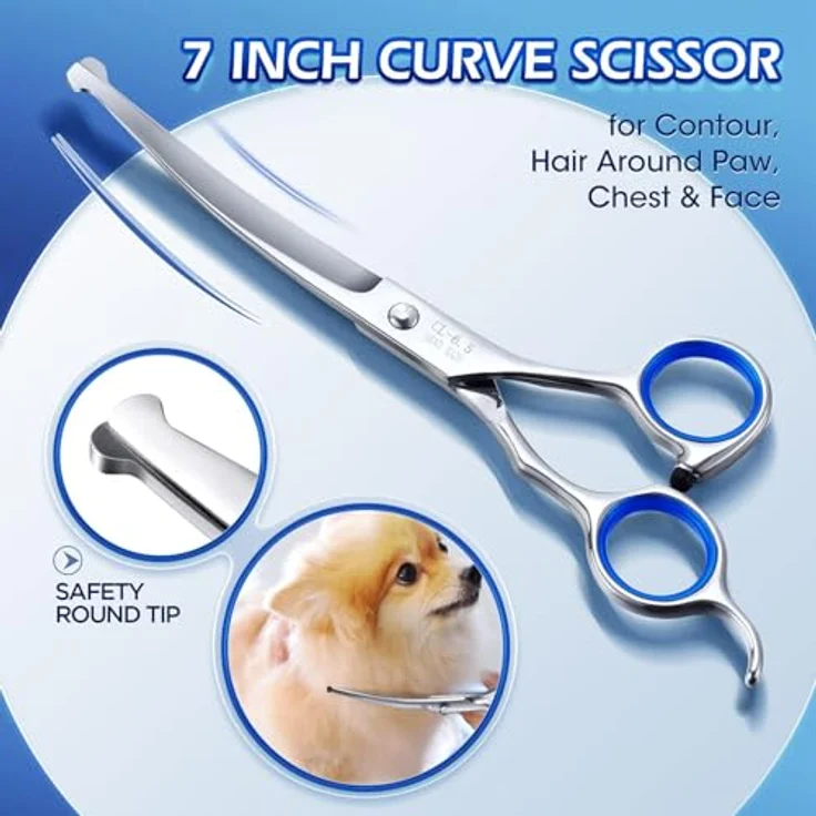 Gimars Professionelle 5-in-1 Fellschere für Hunde, 4CR mit runder Sicherheitsspitze, Titanbeschichtung, gerade, Effilierschere und gebogene Schere – Bild 5