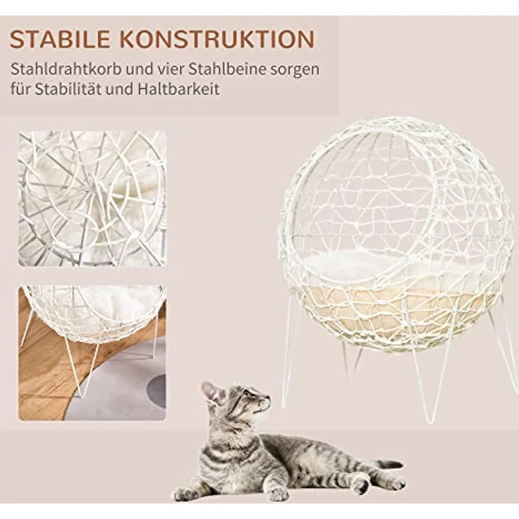 Pawhut Rattan Katzenkorb Katzenhöhle mit Kissen, erhöhtes Design, cremeweiß, Ø45 x 57H cm – Bild 3