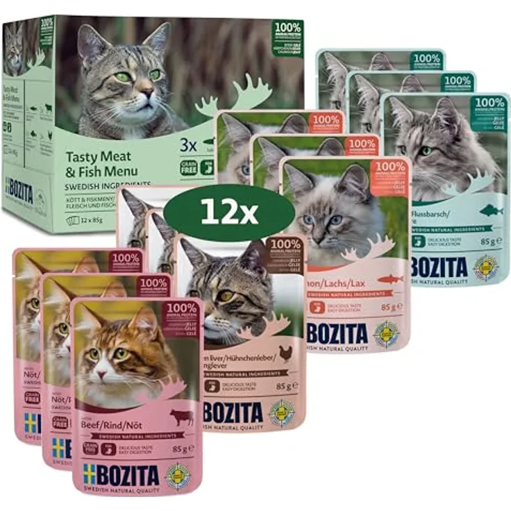 Bozita Nassfutter Häppchen in Gelee mit Fisch und Fleisch, 12x85g Portionsbeutel, getreide- und weizenfreies Katzenfutter für Adult-Katzen, 8,5% Protein & 4,5% Fettgehalt