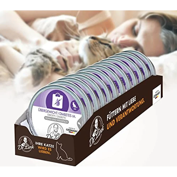 Dr. Link VET PETCARE Spezial-Diät Katzenfutter für Katzen & Kater, kalorien- und fettreduziert, Huhn & Weißfisch Protein, 12x85g Schale – Bild 3