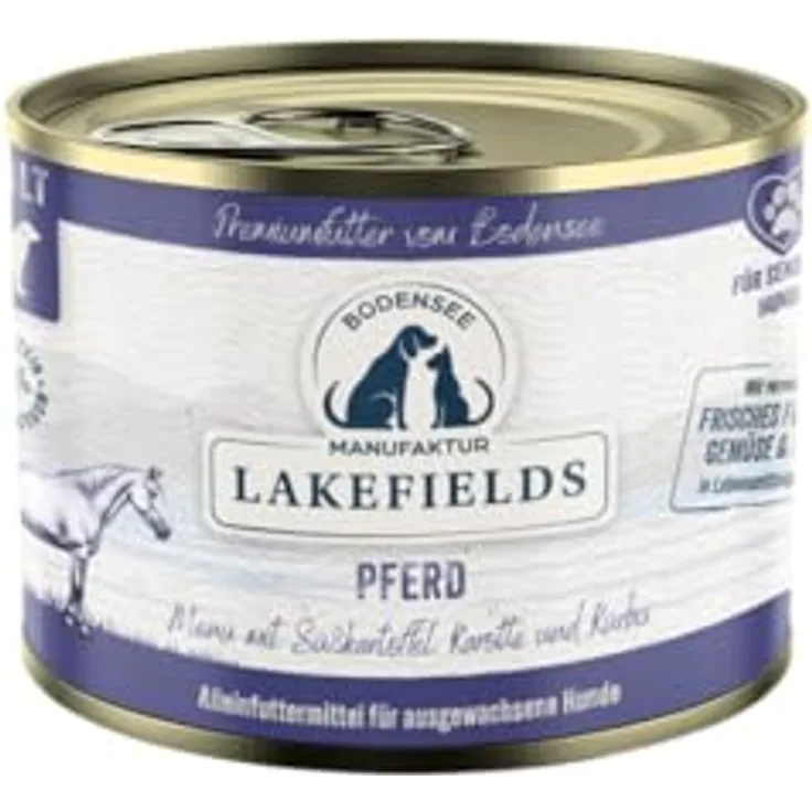 Lakefields Premium Hundefutter Nass, Pferd 60%, 6x200g, getreidefreies Nassfutter mit Süßkartoffeln, Karotte und Kürbis, schonend gegart, natürliche Zutaten in Lebensmittelqualität