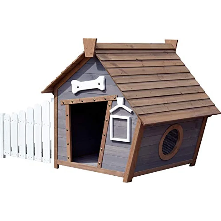 dobar® Große Hundehütte Porch, wetterfeste Holzhütte für mittelgroße Hunde mit Veranda, Spitzdach, 146,3 x 90 x 96 cm, Grau – Bild 1
