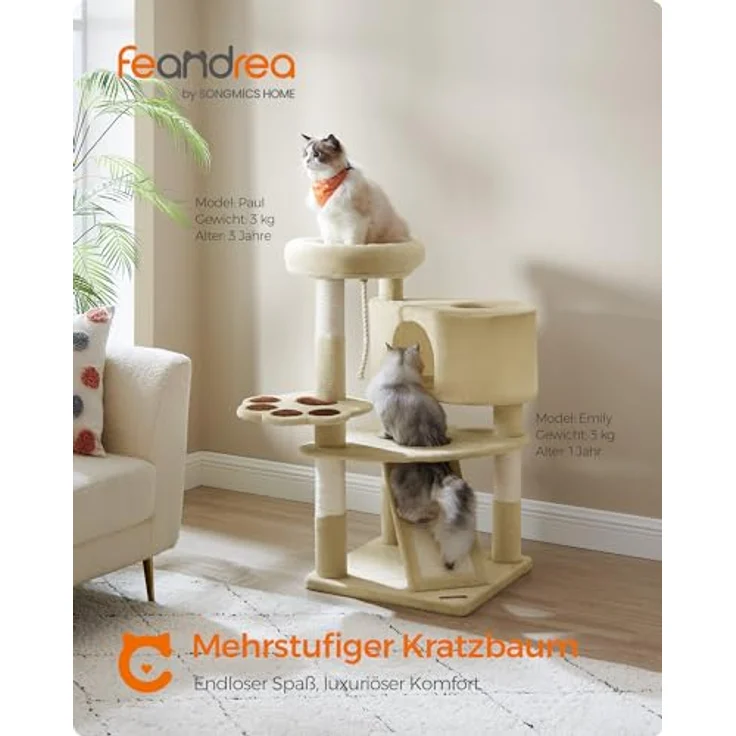 Feandrea PCT40M, mehrstöckiger Katzenkratzbaum mit Plattform, Höhle, Kratzrampe und 4 Kratzsäulen, für Katzen bis 7 kg, 49 x 49 x 95 cm, beige, einfache Montage – Bild 2