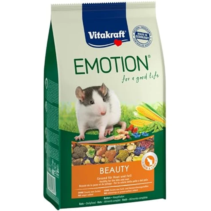 Vitakraft Emotion Beauty All Ages Rattenfutter, 600g, artgerechte Mischung für gesunde Haut und schönes Fell, zuckerfrei, ohne künstliche Aromen und Konservierungsstoffe