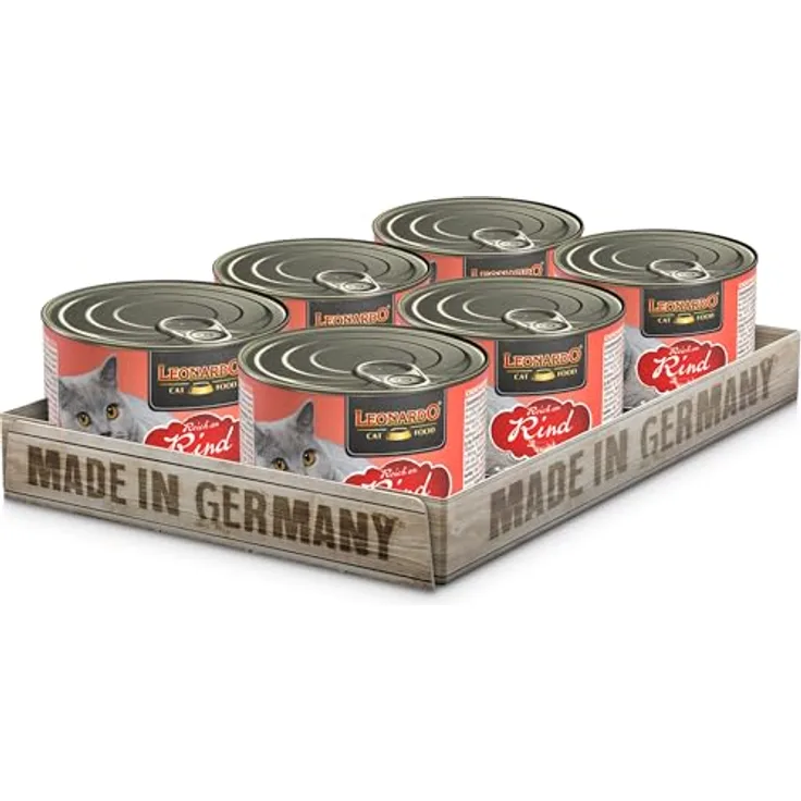 LEONARDO Nassfutter Rind, getreidefreies Feuchtfutter für Katzen, 6x200g, Alleinfutter aus der Dose