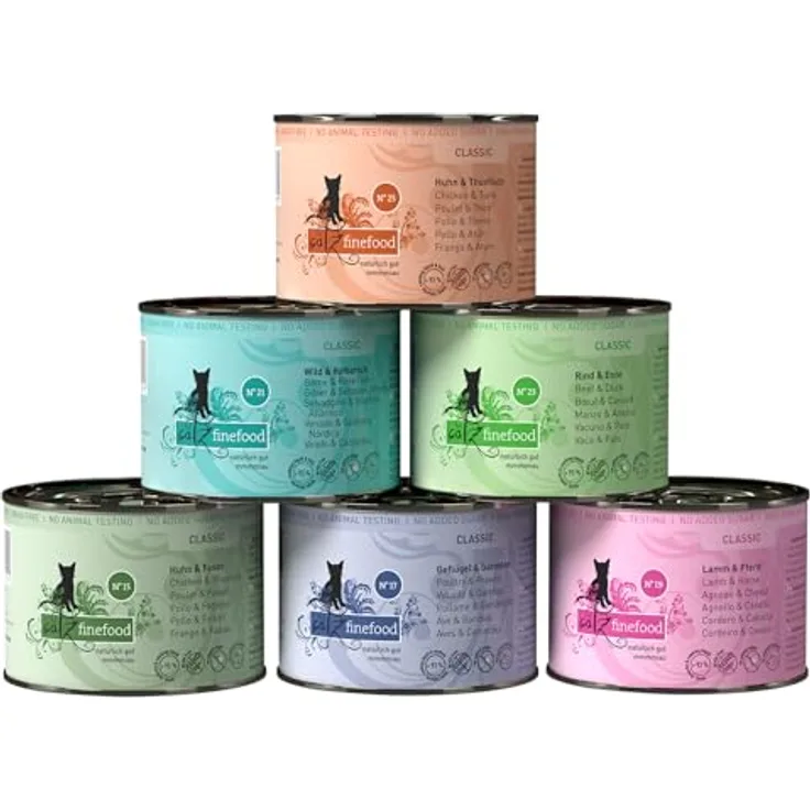 catz finefood Feinkost Katzenfutter nass Multipack 2, 6 x 200 g Dosen mit Huhn, Thunfisch, Rind, Rotbarsch, Lamm, Garnelen, Wild - hohes Fleischanteil, ohne künstliche Zusätze, made in Germany