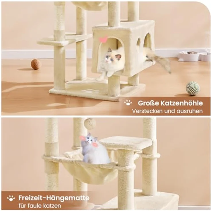 MSmask Kratzbaum groß, L Katzenbaum Stabil, Katzenkratzbaum mit 2 Plattformen, 2 Katzenhöhlen, Hängematte, Sisalsäulen, mehrstöckiger Kletterbaum für Katzen (Beige, 160 cm) – Bild 5