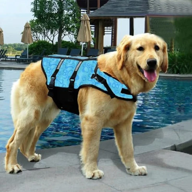 Izefia Hund Schwimmweste S, Sicherheitsmantel für kleine und mittlere Hunde, blau mit Knochenmuster, verstellbare Träger, D-Ring für Leine – Bild 4