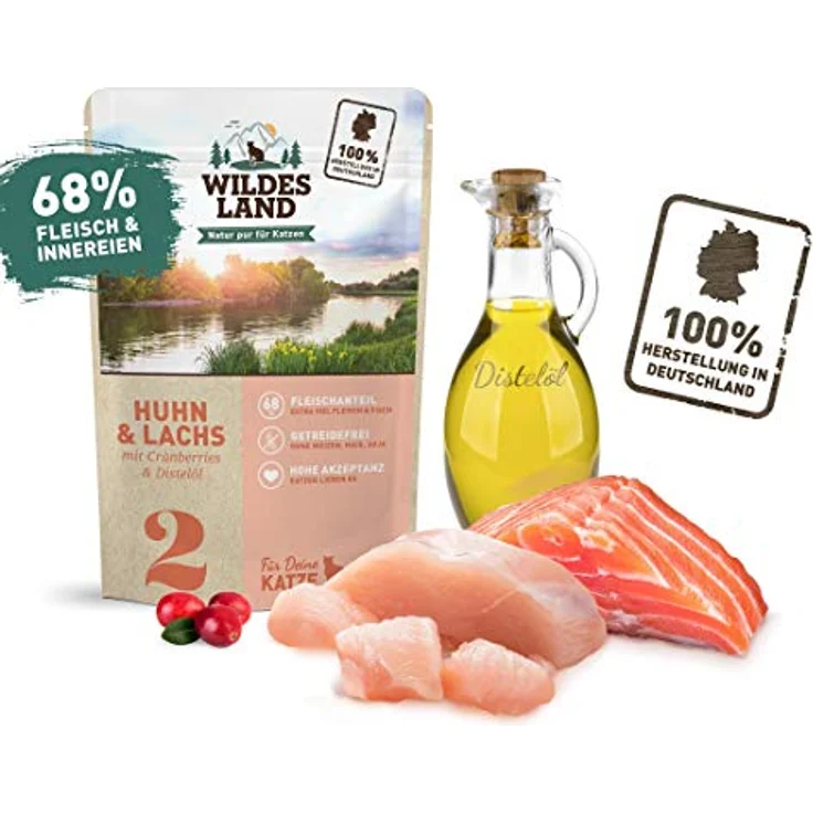 WILDES LAND Huhn & Lachs, Nassfutter für ausgewachsene Katzen mit hohem Fleischanteil, getreidefrei, 12x100g – Bild 3