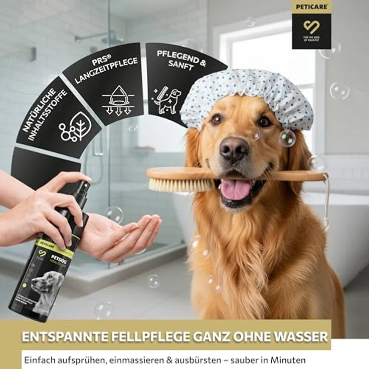 Peticare® Hunde Trockenshampoo, 200 ml – Natürliches Hundeshampoo gegen Geruch & Schmutz, ohne Wasser, mit Argan- & Kokosöl für alle Fellarten, sanfte Pflege für Hunde & Welpen – Bild 3