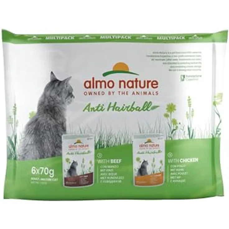 Almo Nature Almo Holistic Anti Hairball Multipack 6x70 g, Katzenfutter mit Rind & Huhn, fördert die Verdauung und vermindert Haarballenbildung