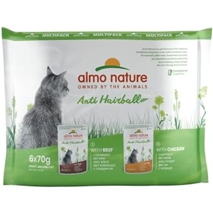 Almo Nature Almo Holistic Anti Hairball Multipack 6x70 g, Katzenfutter mit Rind & Huhn, fördert die Verdauung und vermindert Haarballenbildung – Bild 1