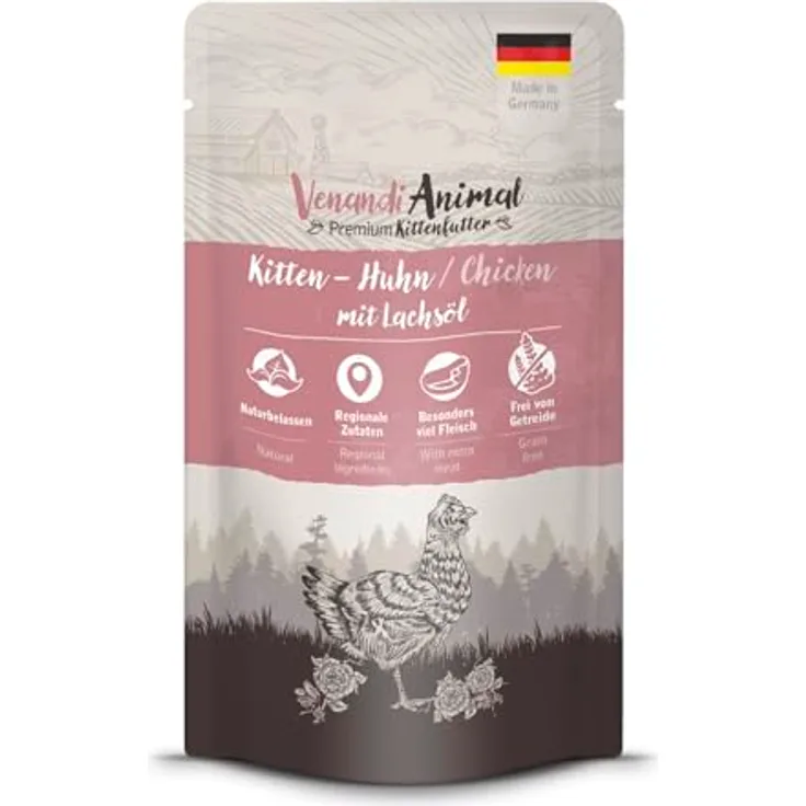 Venandi Premium Nassfutter für Katzen - Kitten - Huhn mit Lachsöl, 125g, getreidefrei, extra viel Fleisch
