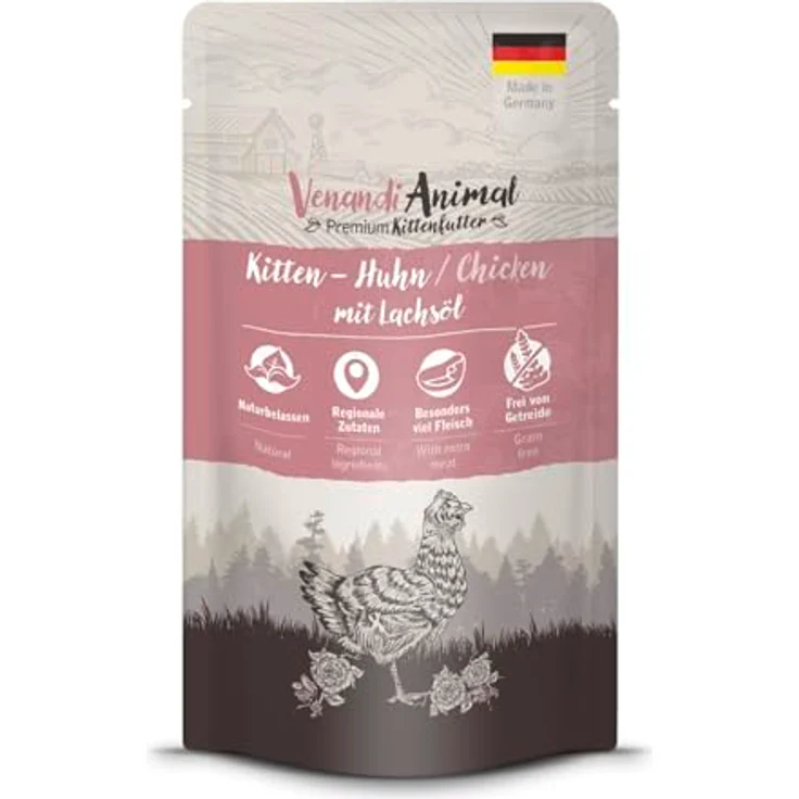 Venandi Premium Nassfutter für Katzen - Kitten - Huhn mit Lachsöl, 125g, getreidefrei, extra viel Fleisch – Bild 1