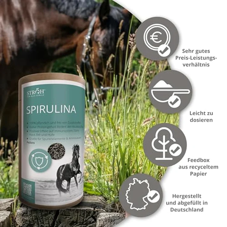 STRÖH Spirulina Pellets für Pferde, 1,3 kg, 100% pflanzliches Futter mit hohem Eiweißgehalt, unterstützt Muskelaufbau und Vitalität – Bild 5