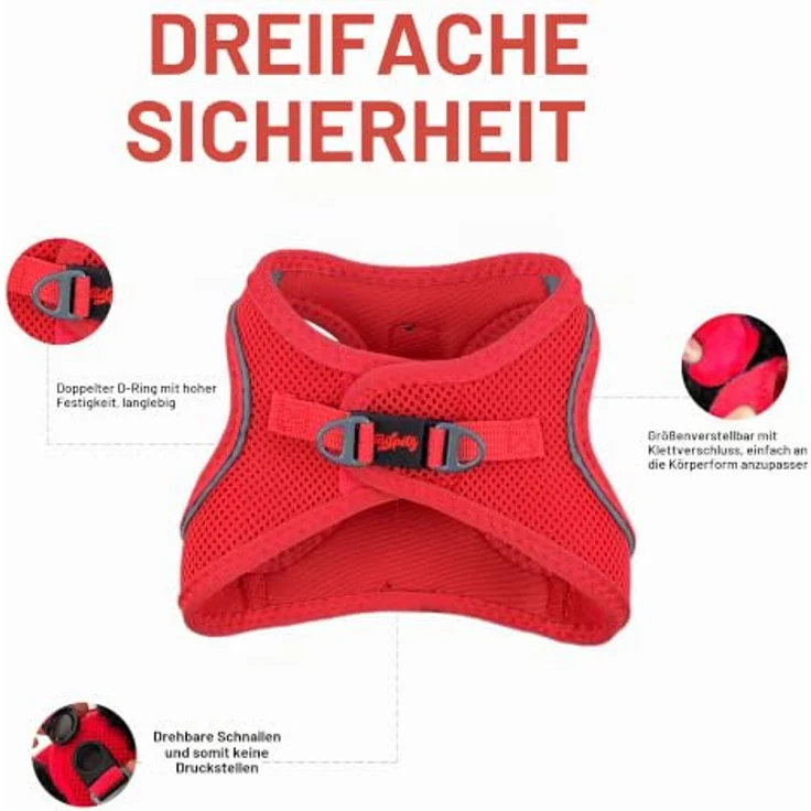 Tailpetz Air-Mesh Brustgeschirr für kleine und mittelgroße Katzen und Hunde – Weich, atmungsaktiv, reflektierendes Design (Leuchtendrot, 3XS, Brustumfang 28–30,5 cm) – Bild 3