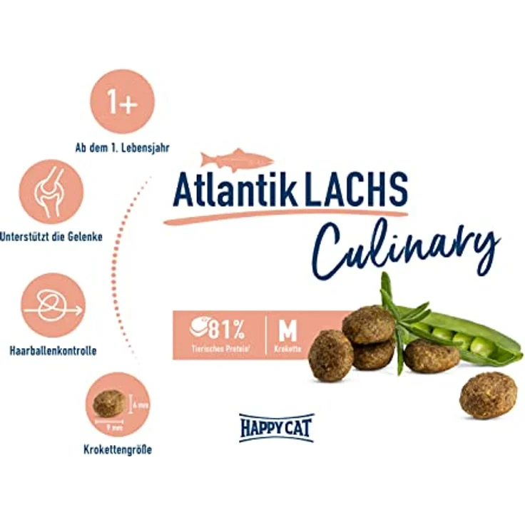 Happy Cat 70555 Culinary Adult, Katzen-Trockenfutter mit Atlantik Lachs und Erbsen, 10 kg, made in Germany, für ausgewachsene Katzen – Bild 3
