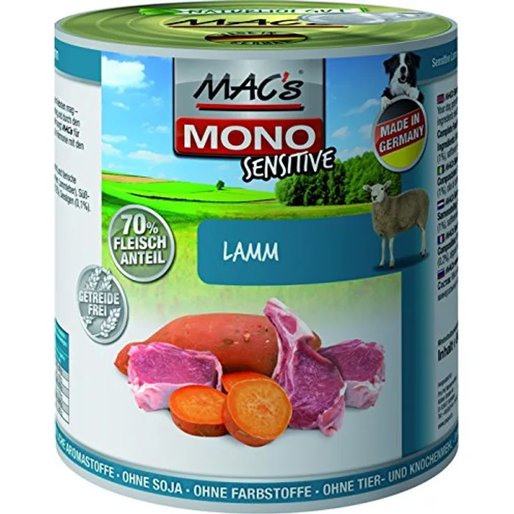 MAC's Dog Mono frisches Lamm, getreidefreies Hundefutter, 6 x 800 g, mit 70% Lammanteil und Süßkartoffel