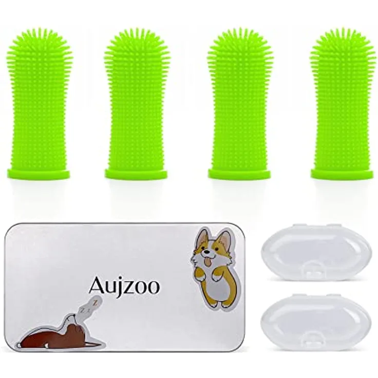 Aujzoo 360º Hundezahnbürste, Silikon Finger Zahnbürsten Set für Hunde und Katzen, BPA-frei, 4 Stück