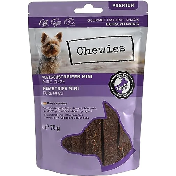 Chewies Fleischstreifen Mini, 70 g hypoallergen & getreidefrei, getrocknete Ziegenfleisch Kaustreifen für Hunde – Bild 1