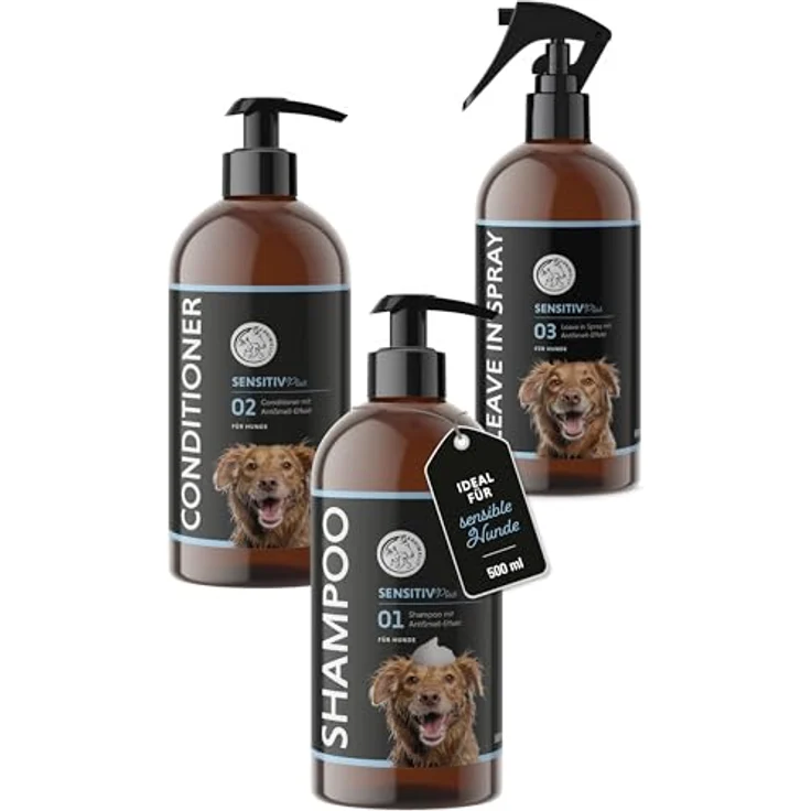 Annimally Sensitiv Plus Pflegeset, Natürliches Hundeshampoo, Conditioner & Leave-In Spray für sensible Hunde & Welpen, ph-neutral, ohne Silikone, Parabene & künstliche Duftstoffe, je 500 ml – Bild 1