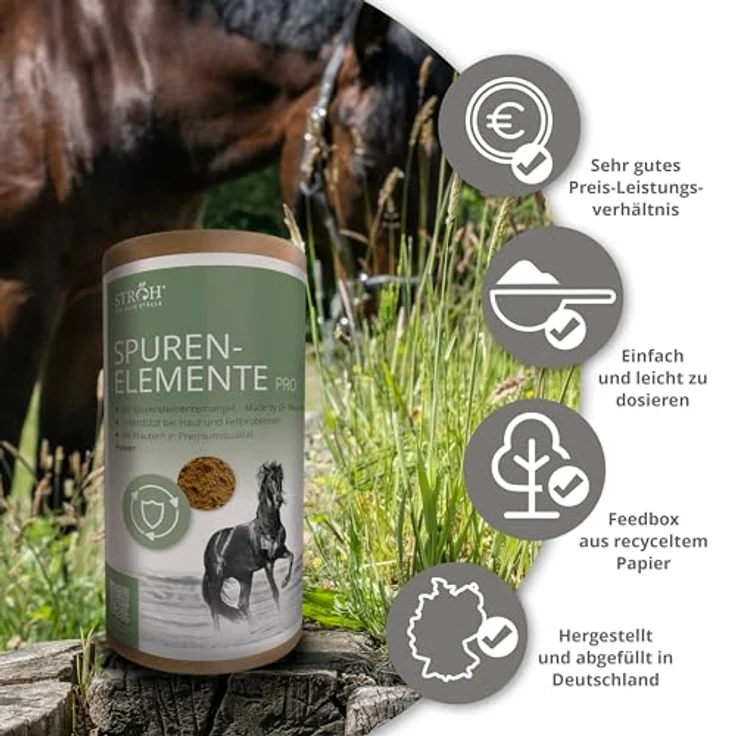 STRÖH Spurenelemente Pro Pulver Pferd, Mineralfutter mit Zink, Mangan, Eisen, Kupfer, Selen, Jod und Cobalt, 1,1kg – Premium Kräuterzusatz für gesundes Pferdewohlbefinden – Bild 5