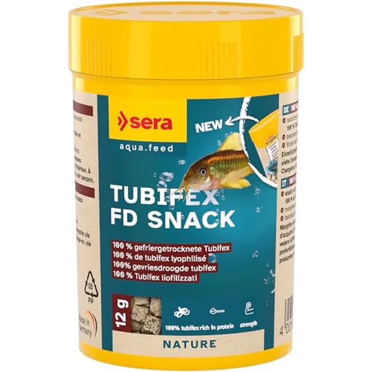 sera Tubifex FD Snack 100 ml (12 g), gefriergetrocknete 100% Tubifex, proteinreicher Snack für fleischfressende Zierfische, fördert Wachstum & Regeneration
