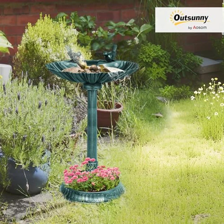 Outsunny Vogeltränke Kunststoff, Zwei-Becken Vogelbad mit muschelförmigem Becken und antikem Metall-Look, dunkelgrün, 49,5L x 38B x 81H cm – Bild 2