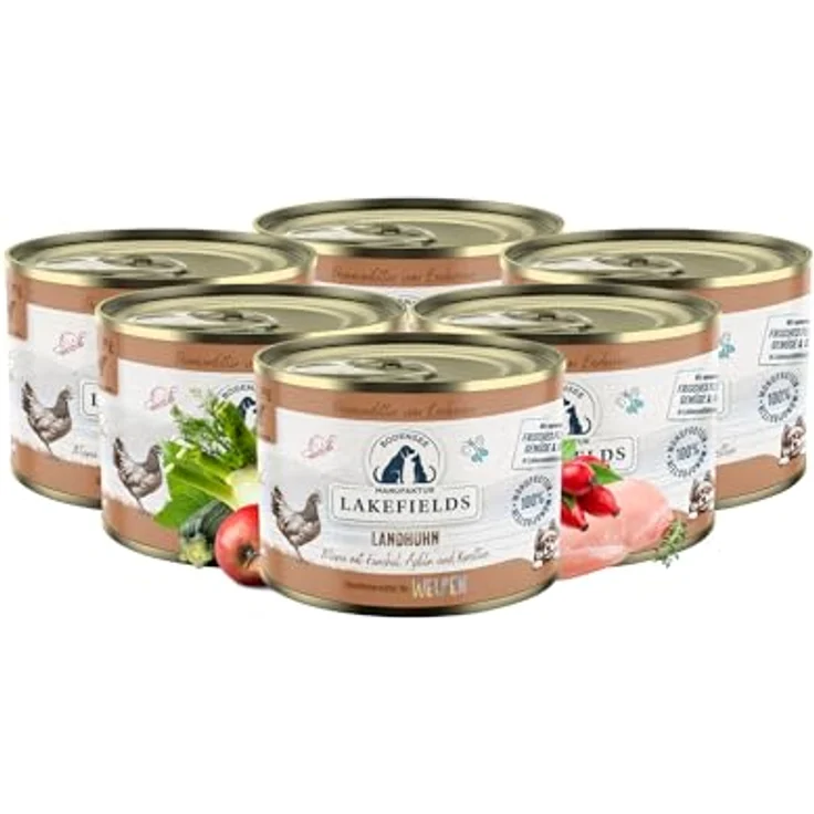 Lakefields Premium Welpenfutter Nass | Huhn 61%, 6 x 200g, getreidefreies Hundefutter mit natürlichen Zutaten in Lebensmittelqualität, Karotten, Kartoffeln & Apfel, schonend gegart – Bild 1