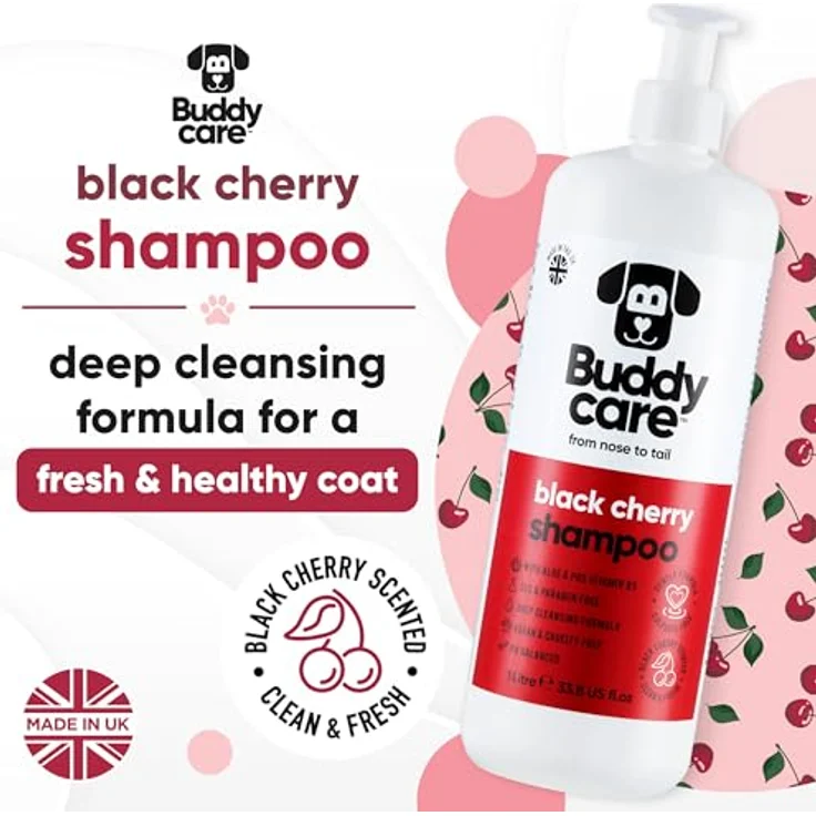 Buddycare Schwarzkirsch-Hundeshampoo, Tiefenreinigendes Shampoo mit Aloe Vera und Pro-Vitamin B5, fruchtiger Duft, 1L – Bild 2
