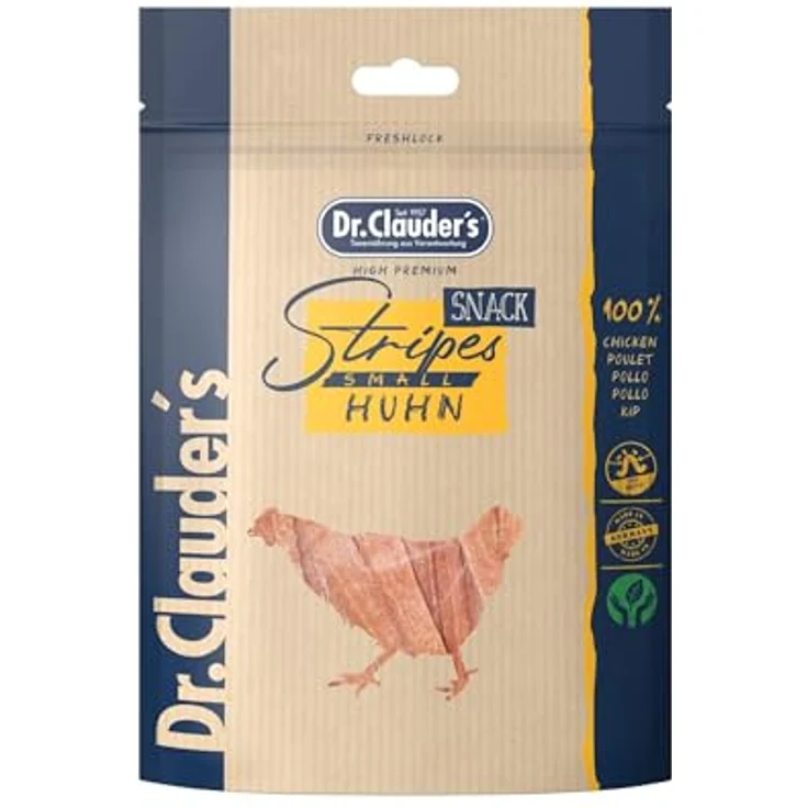 Dr.Clauder's Stripes Snack Small, 95% Fleisch mit Inulin für Hunde und Katzen, dampftrocknete Leckerlis, 80g Huhn – Bild 1