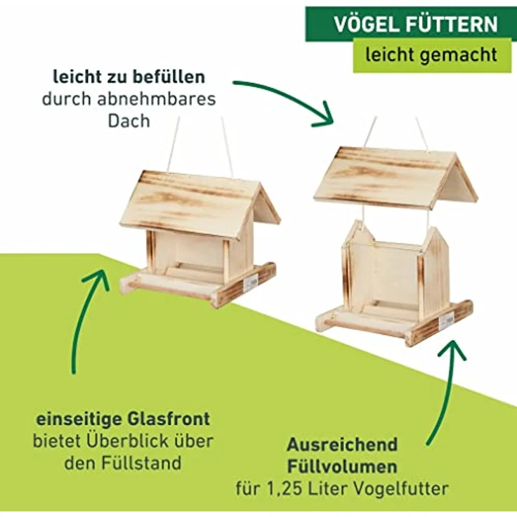 Windhager Vogelfuttersilo GARDEN, Vogelfutterhaus Vogelhäuschen Futterspender, aus Fichtenholz, inklusive Aufhängeschnur, 24 x 24 x 19 cm, 06911 – Bild 5