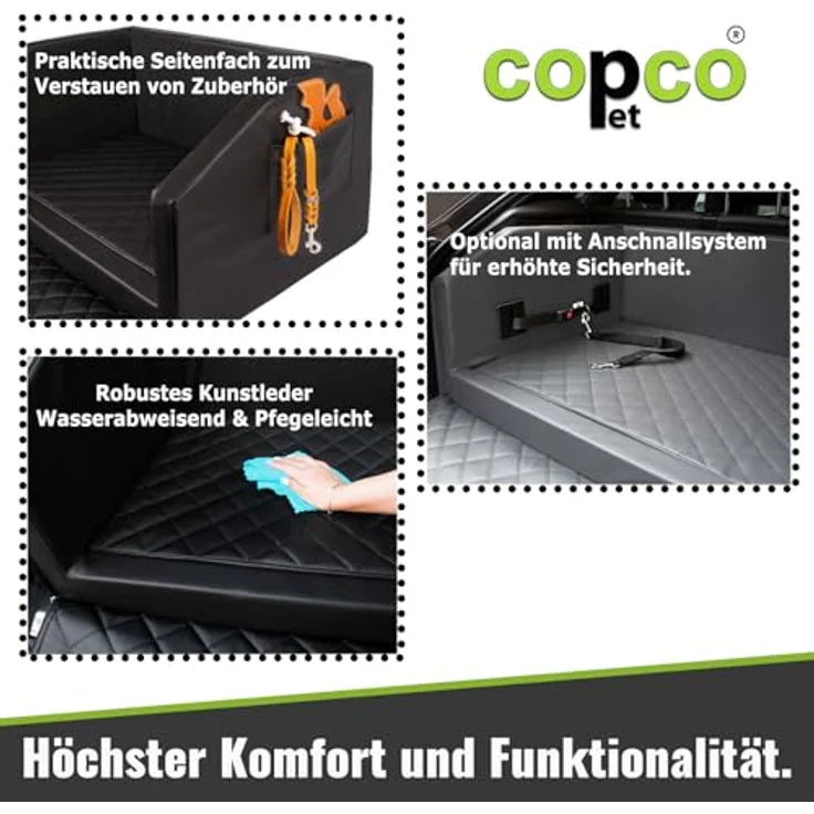 CopcoPet Hundebox Auto, Kofferraumschutz mit Ladekantenschutz, herausnehmbare Schutzmatte, 90x55x38cm, Schwarz, mit Anschnallsystem für sichere Fahrt – Bild 4