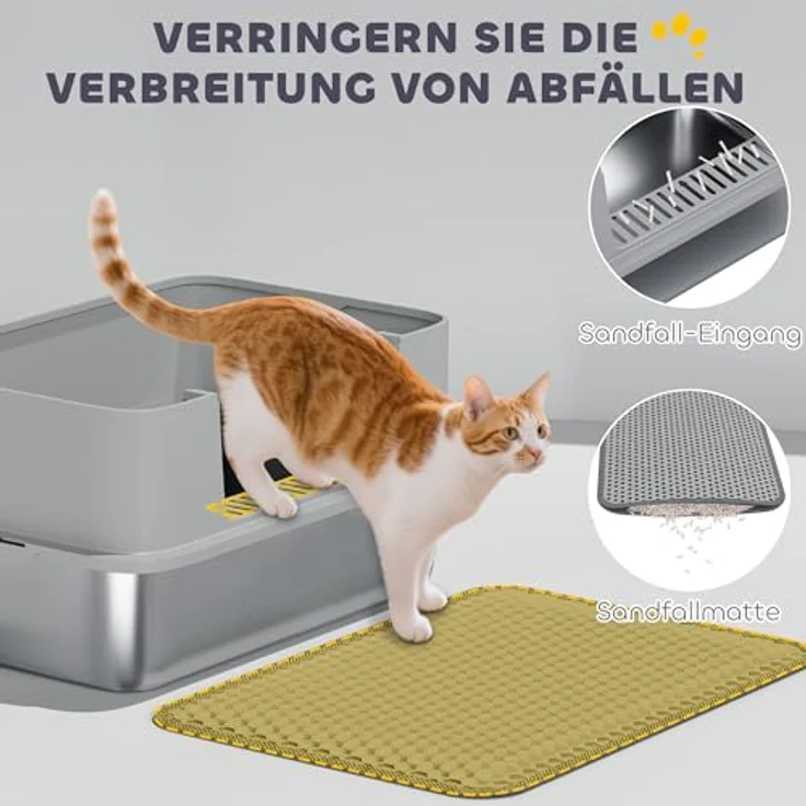 PawHut Katzentoilette Edelstahl Offene Katzenklo mit Schaufel, hohe Wände und Matte, für große Katzen bis 7 kg, 60,2 x 40,2 x 29,5 cm, Grau – Bild 5