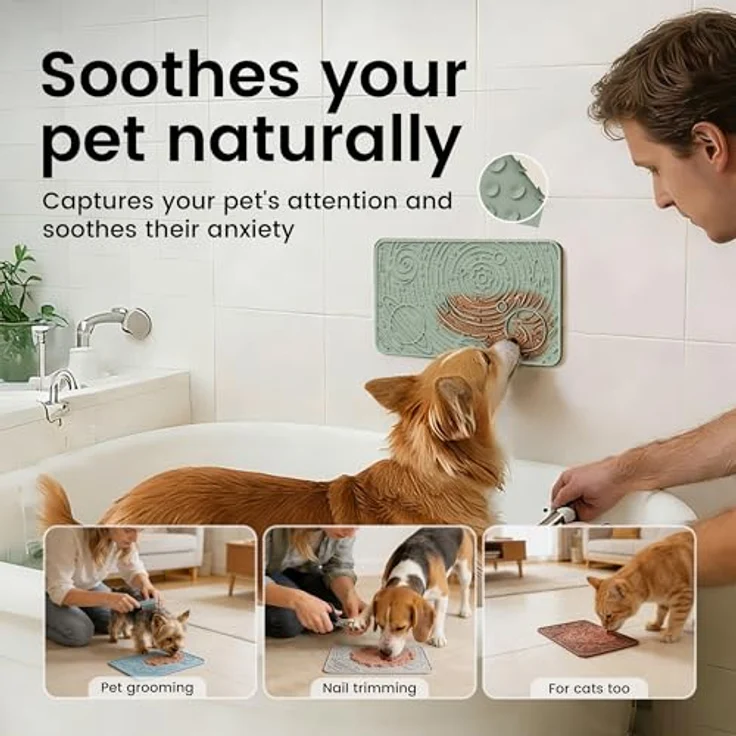 OHMO Schleckmatte für Hunde und Katzen, Leckmatte aus lebensmittelechtem Silikon, 2er Set in Salbeigrün & Hellblau, fördert langsames Fressen und mentale Stimulation – Bild 3