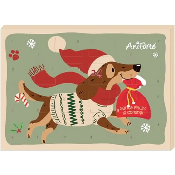 AniForte Adventskalender für Hunde 2025 - Natürliche getreidefreie Hundesnacks ohne Farb- & Konservierungsstoffe, mit kompostierbarer Zellstoff-Einlage, Maße L 33 x B 23 x H 3,5 cm