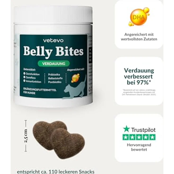vetevo Belly Bites 2.0, Verdauungssnacks für Hunde mit Flohsamenschalen, Heilmoor & Probiotika, zur Unterstützung der Darmflora, mit Ente – 300 g Dose – Bild 5