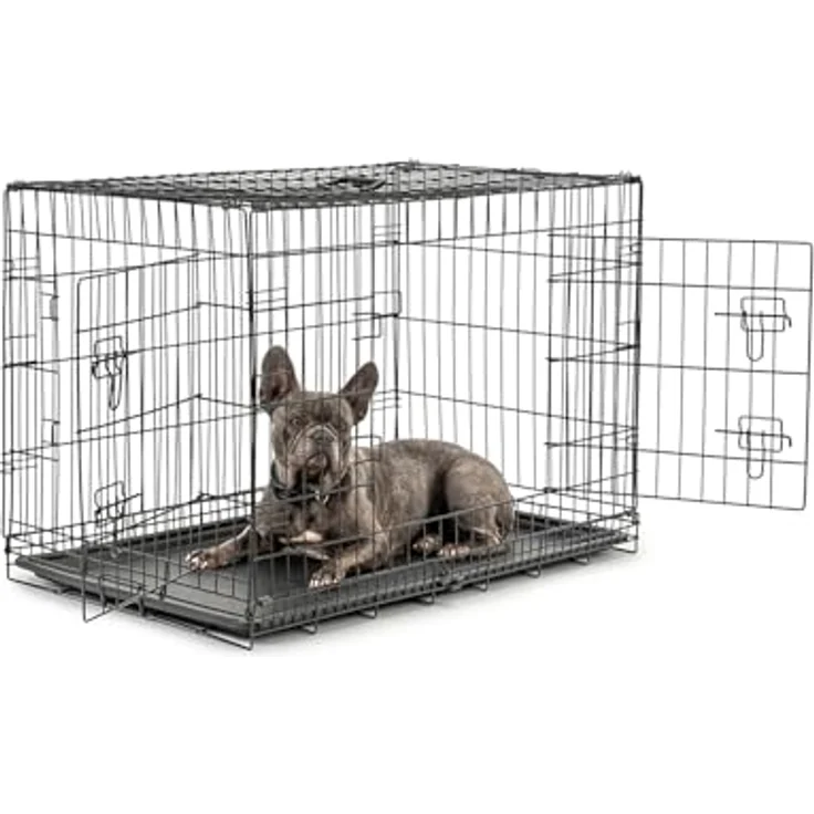 lionto Tiertransportbox für Hunde und Katzen, 92x58x64 cm, vielseitiger Metallkäfig mit Hygiene-Kunststoffwanne, Sicherheitsverschlüssen & Trennwand, schwarz – Bild 1
