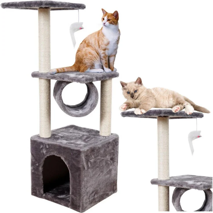 Leantoys Katzenkratzbaum mit Plattform-Tunnelhaus, Kratzbaum für Katzen, grau