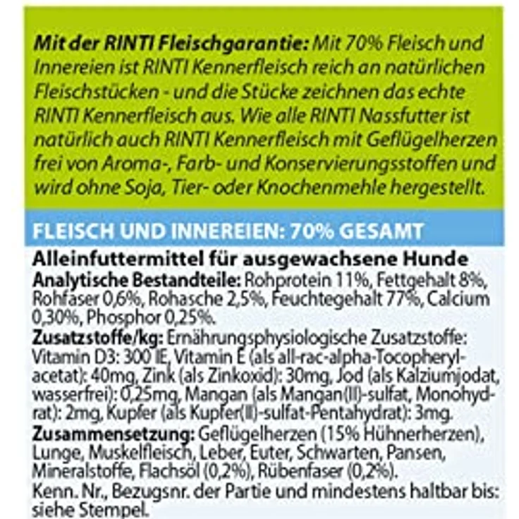 Rinti RINTI Kennerfleisch 800 g, Hunde-Nassfutter mit hohem Fleischanteil und Geflügelherzen, getreidefrei, ballaststoffreich, ohne künstliche Zusatzstoffe – Bild 3