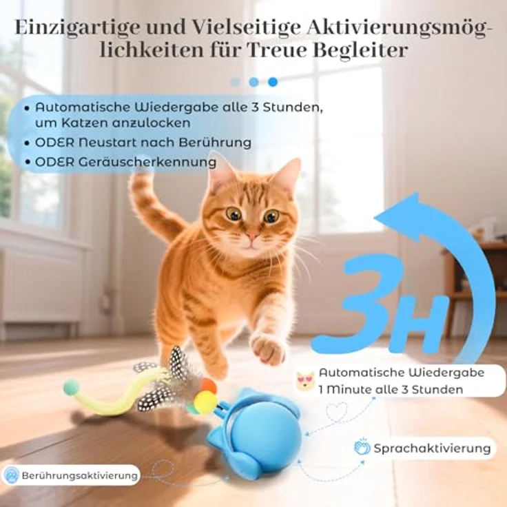 GoldenSun Elektrischer Rollball für Katzen, Bewegungsaktiviertes Spielzeug mit Federschwanz, Zwitschergeräuschen und USB-Wiederaufladung, Blau – Bild 2