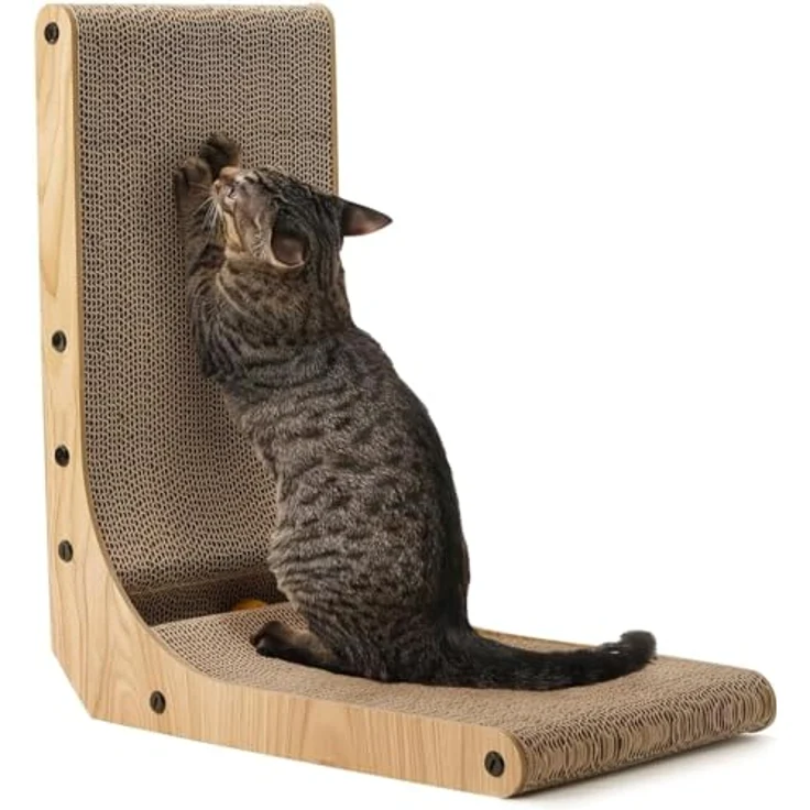 FUKUMARU Kratzbrett Katzen, 47 cm hohe L förmige Kratzpappe, widerstandsfähig Katzenkratzbrett mit Ballspielzeug, Kratzmöbel aus hochwertiger Karton für Wand und Ecke, Mittlere Größe – Bild 2