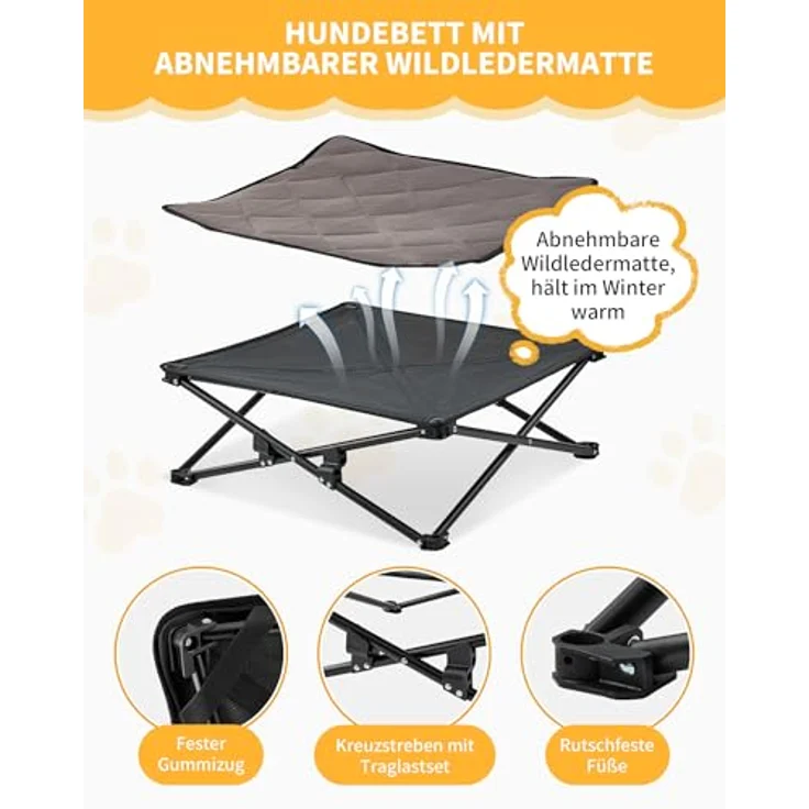 KingCamp Erhöhtes Hundebett, Klappbare Hundeliege mit Atmungsaktivem Mesh & Wildledermatte, Rutschfeste Füße, Schwarz 77 x 77 x 30 cm – Bild 3