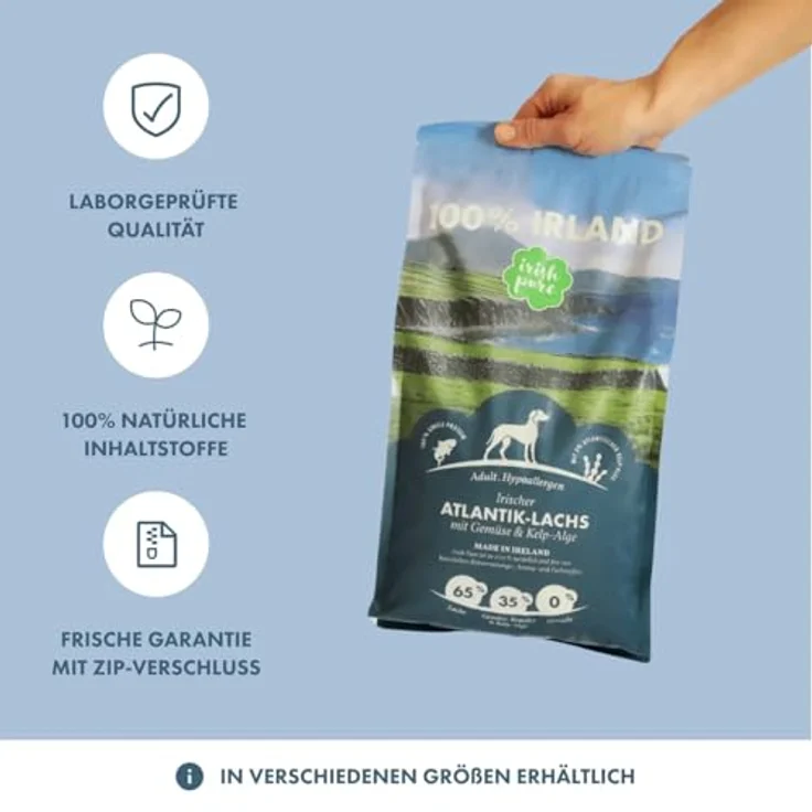 Irish Pure Hypoallergenes Trockenfutter Adult 12kg, Atlantik-Lachs mit Kelp-Alge & Gemüse, hoher Fleischanteil, getreidefrei, für alle Rassen – Bild 5
