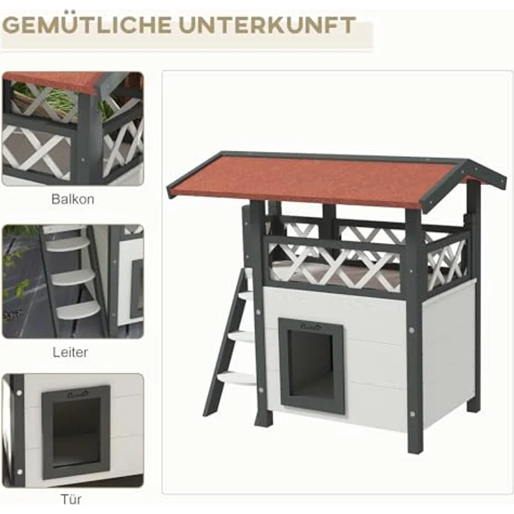 PawHut 2-stöckiges Katzenhaus mit Asphaltdach, Katzenvilla mit Balkon und Treppe, aus massivem Holz, Weiß, 77 x 50 x 73 cm – Bild 3